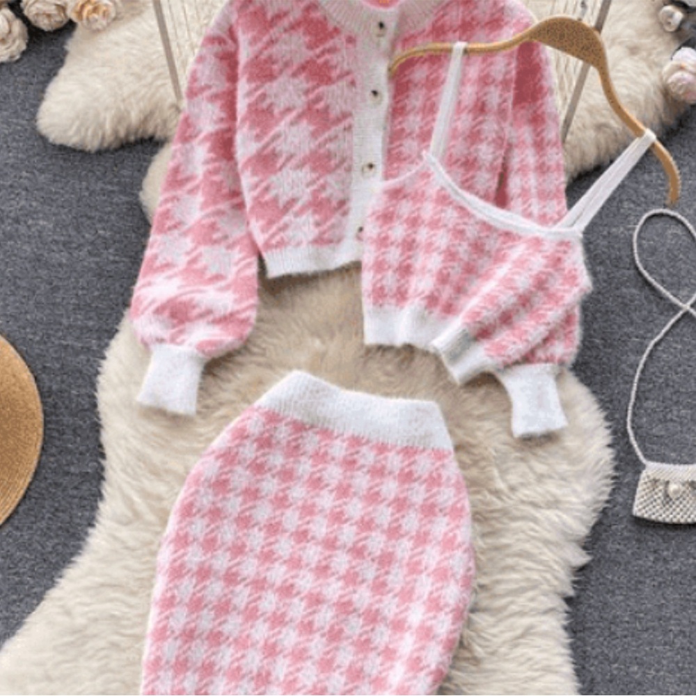 Pink Houndstooth Skirt Set